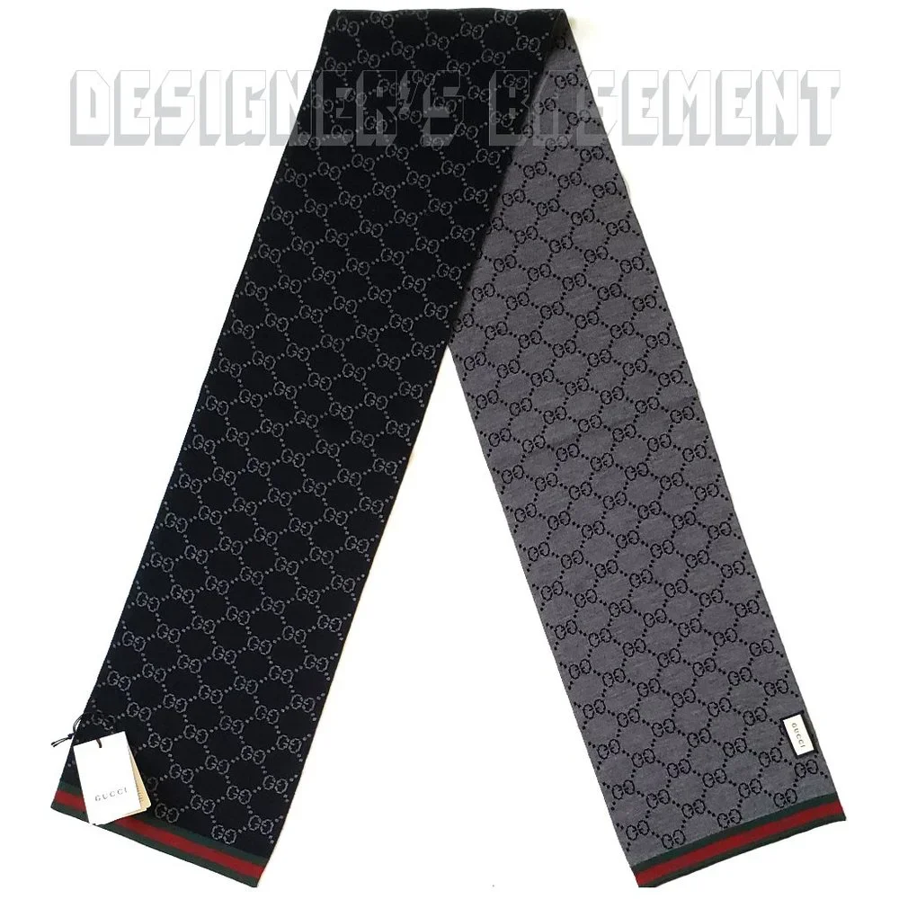 GUCCI black /gray SOLANGE Original GG red & green WEB wool reversible long scarf